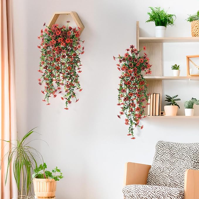 INQCMY Artificial Fake Hanging Flowers Plants for Outdoor Fall Decoration | 2 PCS Faux Silk Daisy with Eucalyptus Leaves,UV Resistant Look Real for Outside Home Planter Porch Patio Balcony Yard Decor