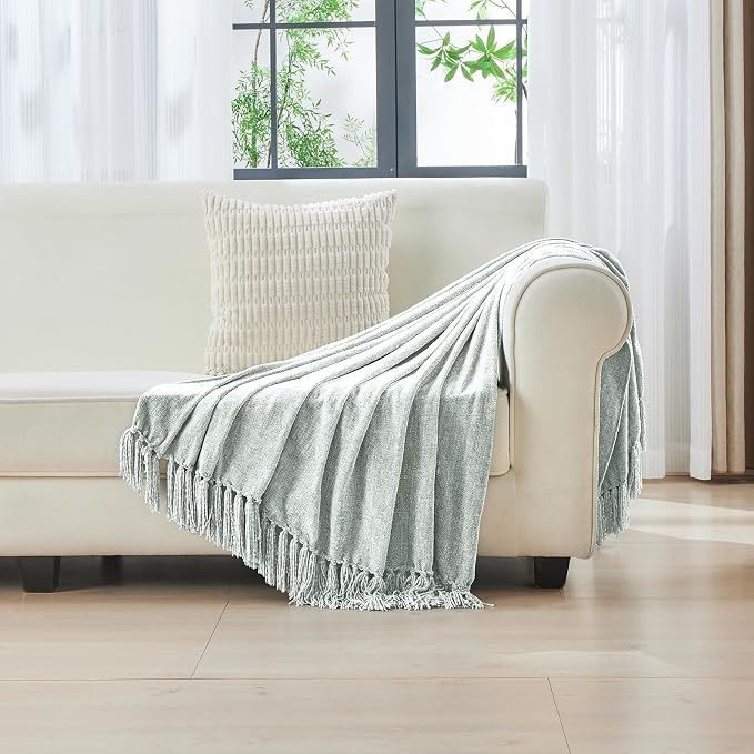 CozeCube Chenille Throw Blanket, Baby Blue Fringe Blanket, 50"X60" | For Couch, Cozy Plush Fuzzy Decorative Blanket with Fringe Tassels, Lightweight Throws for Bed Sofa Gift Home Decor