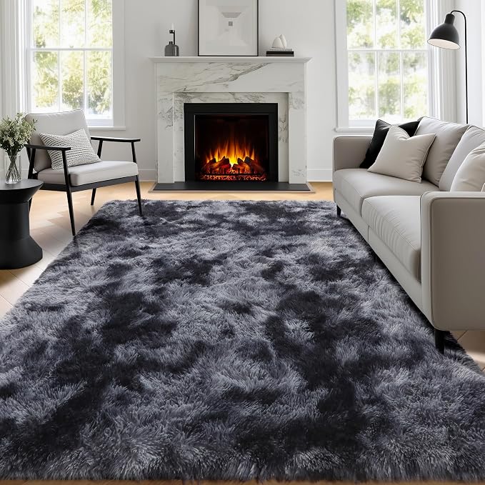 PAGISOFE Abstract Soft Shaggy Rugs for Living Room 5x8 Ft,Tie-Dyed Grey Fluffy Rugs for Kids Room Furry Carpets for Bedroom Room Decor Aesthetic Large Shag Carpet for Boys Girls Dorm Nursery