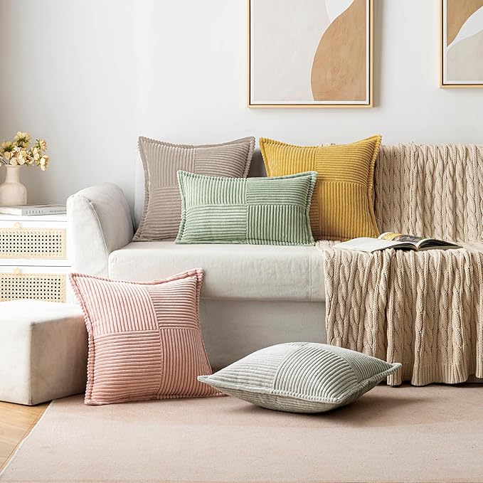 MIULEE Decorative Throw Pillow Covers for Couch 20x20 Inch Light Brown | 2 Pack, Boho Broadside Striped Patchwork Pillow Covers, Soft Corduroy Cushion Cases, For Sofa Bed Livingroom Home Decor