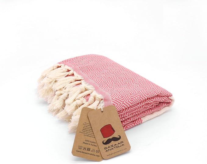 Bazaar Anatolia Turkish Beach Towel – 100% Cotton, Quick Dry, Sand Free Towel for Bathroom, Camping, Travel, Peach – Oversized 71x39 Inches – Diamond Coral