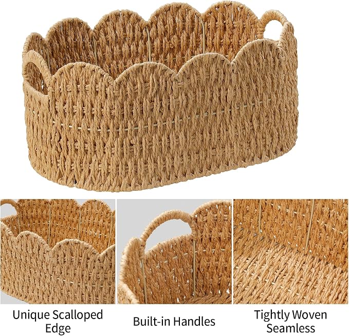 Coeusy Paper Rope Scalloped Basket Set of 2, Wicker Storage Baskets for Shelves,Gifts,Books,Toys,Cute Decor Rattan Baskets for Organizing,Natural Color