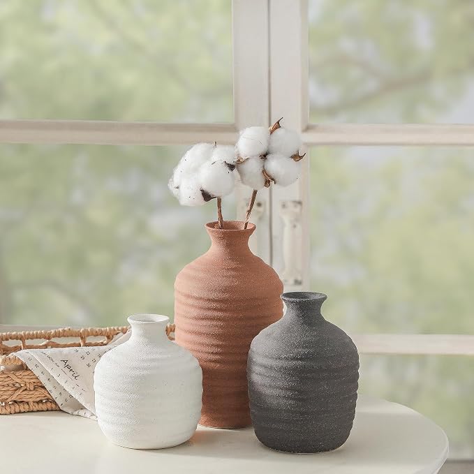Dobbyby Ceramic Vase Set of 3 Decorative Vase for Home Decor Modern Farmhouse Decor Pottery Neutral Vases for Living Room Bathroom Table Mantel Fireplace Entryway Shelf (02-Brown)