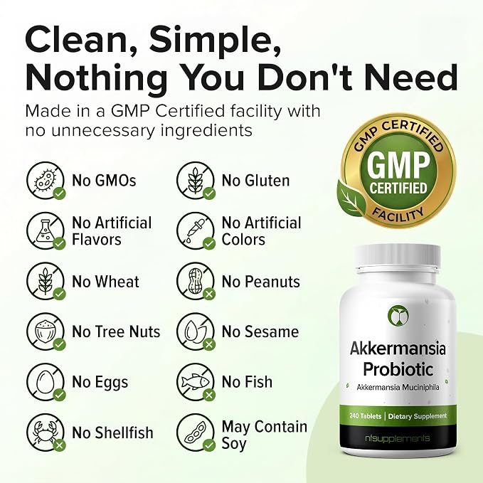 Akkermansia Municiphila Probiotic 240 Tablets (4 Month Supply) - 100 Million AFU Researched Strain AKK11 - Supports Digestive Health & Gut Lining - GMP Certified (240, Akkermansia Municiphila)