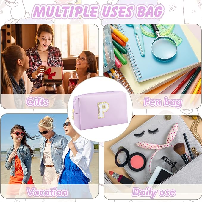 URSKYTOUS Gifts for Girls Initial Makeup Bag Personalized Cosmetic Bag with Zipper Cute Travel Toiletry Bag Waterproof PU Preppy Makeup Pouch Birthday Gift for Teen Girls Women(Purple P)
