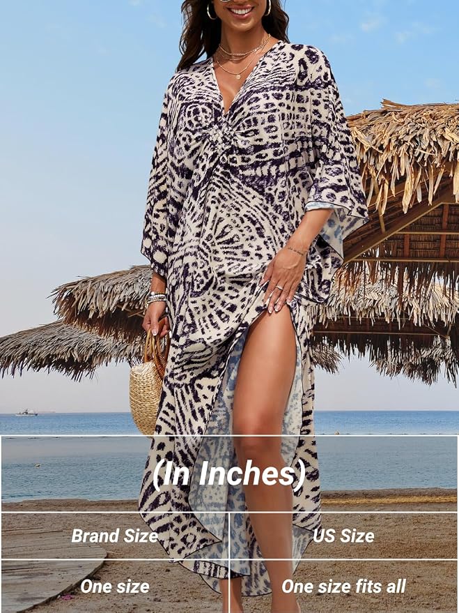 ChiaoLezhee Print Moo-Moos for Women, Kaftan Cover-Up Dresses, Sexy V-Neck High-Slit, Beach Pool-Party Coverups Muumuu Plus