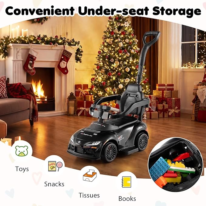 Costzon Push Car for Toddlers, 3 in 1 Toyota Licensed Stroller Sliding Walking Car w/Handle, Music, Safety Guardrail, Under-Seat Storage, Foot-to-Floor Kids Ride On Toys for Boys Girls (Black)