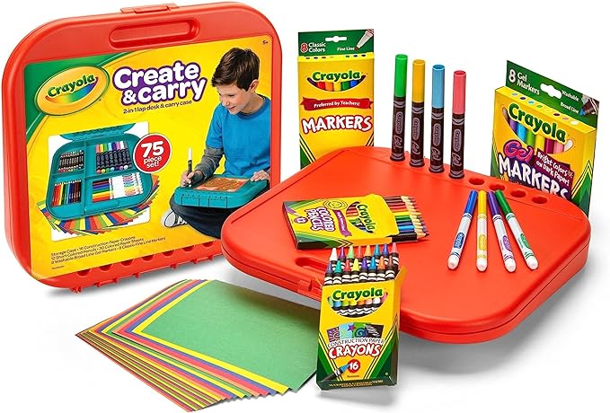 Crayola Create 'N Carry Travel Art Set for Kids (75pcs), 2-in-1 Lap Desk & Carrying Case, Essential Easter Basket Stuffers, Art Supplies Kit, Spring Crafting, Gift for Kids