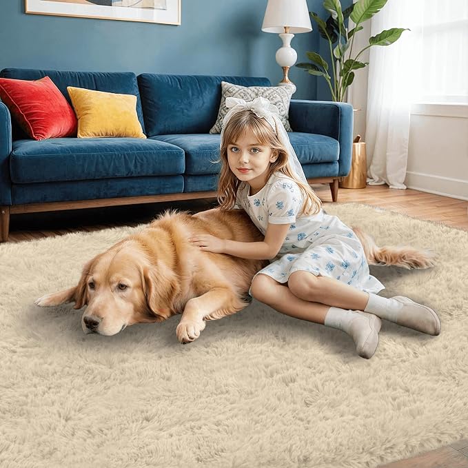 2x6 Bedside Area Rugs for Bedroom: Soft Fluffy Shag Beige Rug for Hallway, Non-Slip Fuzzy Plush Living Room Rug Indoor Floor Carpet for Kids Rooms, Dorm, Nursery, Modern Home Aesthetic Decor