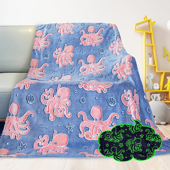 Octopus Twin Blanket for Couch Bed, Large Soft Warm Ocean Blanket for Adults Kids, Blue Sea Animal Twin Size Fleece Throw for Bedroom Home Decor 60"x80"