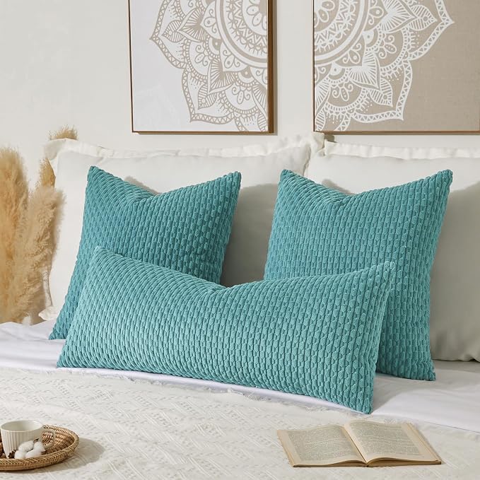 Kevin Textile Soft Corduroy 14"x36" Lumbar Pillow Cover 1 Pack, Aqua Green | Boho Stripe Plush Corduroy Decorative Oblong Cushion Cover Modern Farmhouse Home Decor for Sofa Couch Bed Chair