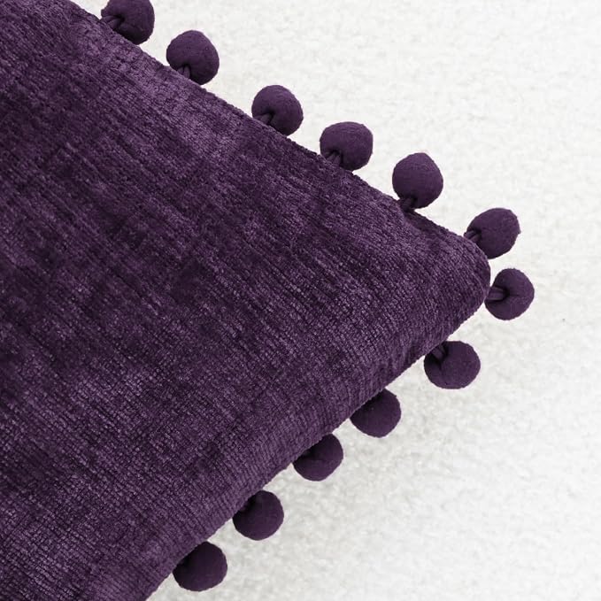 CaliTime Decorative Couch Throw Pillow Covers 20 X 12 Inches Plum Purple | Pack of 2, Cozy Chenille Cushion Cases, with Pom Poms for Sofa Bed Living Room Farmhouse Home
