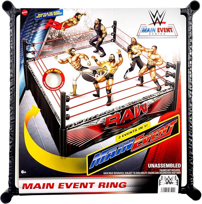 Mattel WWE Superstar Ring with Labels - Main Event & RAW, Spring-Loaded Ring Mat & Pro Tension Elastic Rope