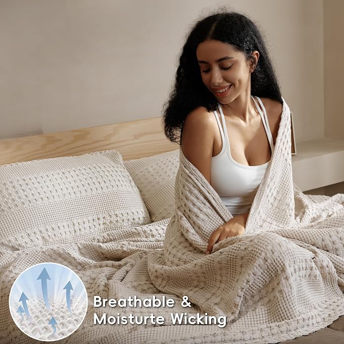 PHF 100% Cotton Waffle Weave Blanket King Size, Lightweight Breathable Summer Blanket for Hot Sleepers, Pre-Washed Soft Layer for Bed, Couch, Home Decor Gift, 108"x90", Light Taupe/Oatmeal