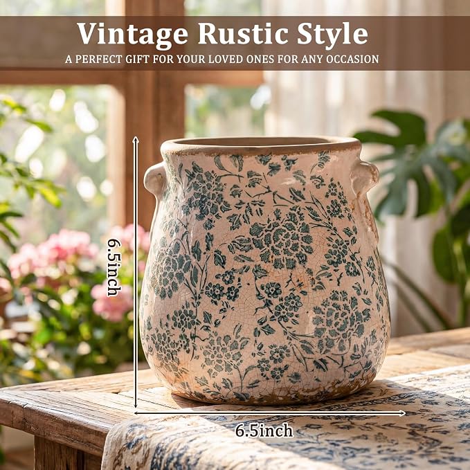 Ceramic Scroll Planter 6.5 Inch Chinoiserie Floral Vase with Drainage Holes Vintage Flower Vase Flower Pot Rustic Ceramic Pots for Indoor Plants Garden Home Bookshelf Decor(Indigo Blue)