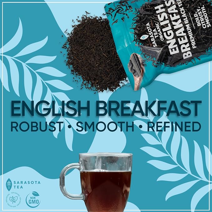 Organic English Breakfast Loose Leaf Tea | Traditional Strong Black Tea Blend | Full-Bodied Gourmet Flavor | High Caffeine | 8oz Bag | Fresh Leaves for Hot or Iced Tea | Non-GMO