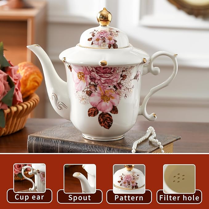 TATSUMI Country Roses Porcelain Tea Set, European Ceramic tea set for adults,Vintage Style, For Women and Tea Parties (Chocolate Red, 21 Pieces Set)