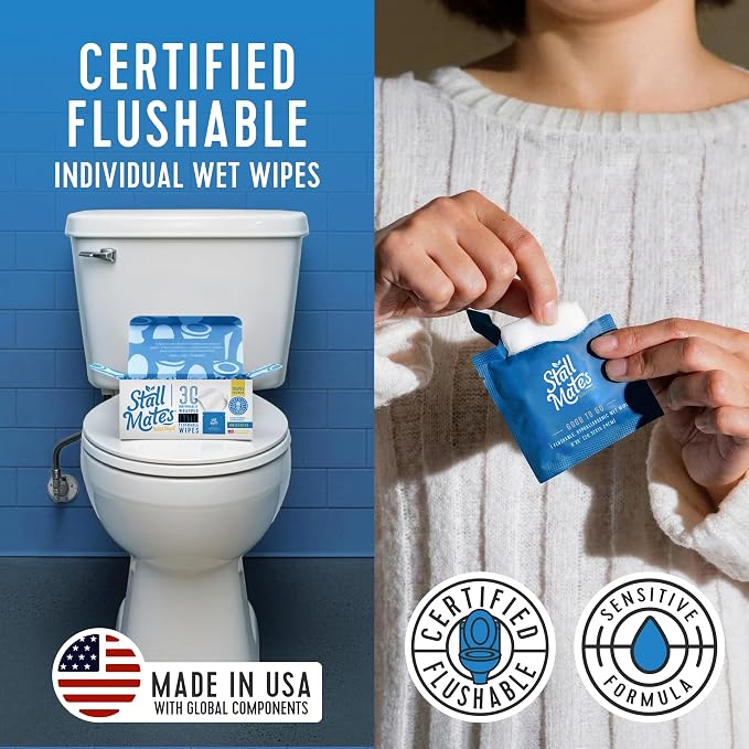 Stall Mates Witch Hazel: Flushable Wipes, Individually Wrapped, Travel Friendly, Soothing, Unscented with Cucumber, Aloe and Chamomile, (90 on-the-go singles) BULK PACK