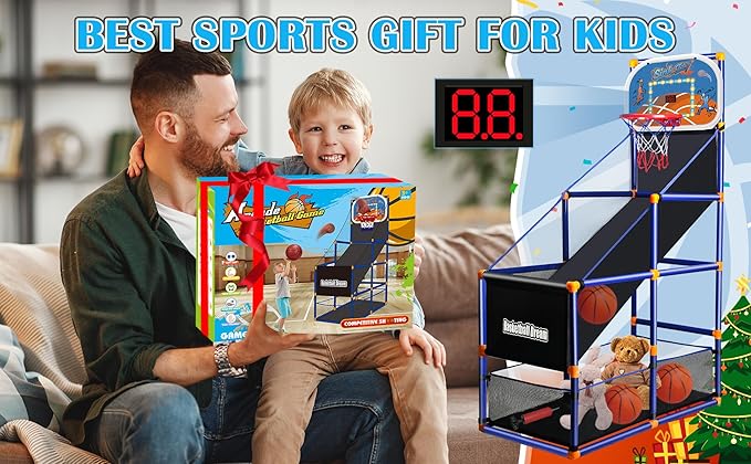 LED Arcade Basketball Game Set w/Electronic Scoreboard for Kids, Boy Toys Basketball Hoop with 4-5 Balls for 3-12 Years Old, Adjustable Height w/Pump & Storage Net for Indoor Outdoor Sports Play