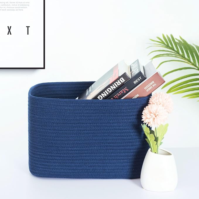 3-Pack Decorative Woven Storage Baskets for Shelves, Cube Bin Box for Organizing Books, Shoes, Dog Toys, Pantry Closet and Living Room Organizer, Navy Blue