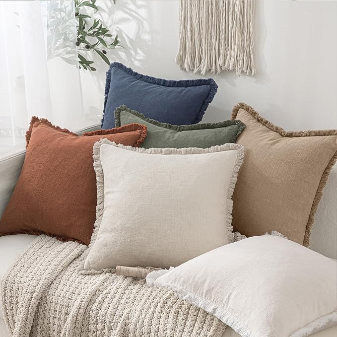 MIULEE Boho Linen Fringe Decorative Throw Pillow Covers Camel 20x20 | Set of 2, Cottagecore Decor, Boho Farmhouse Neutral Pillow Covers, Rustic Couch Cushion Cases for Sofa Bed Living Room