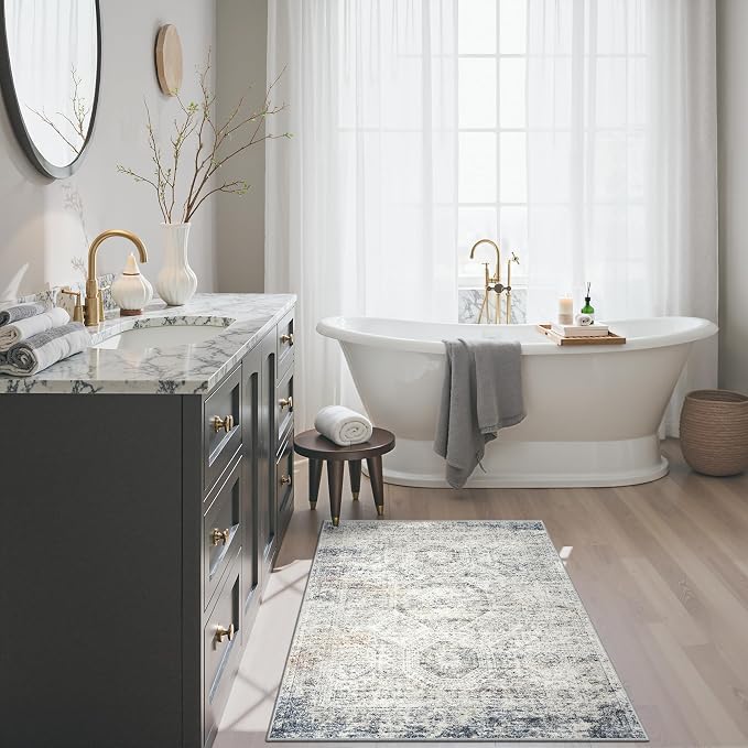Soalmost 2x3 Washable Rugs for Kitchen, Entryway, Small Area Rug Blue/Ivory | Non-Slip Vintage Low Pile Throw Door Mat For Bathroom Entry Laundry Powder Room, Stain Resistant Indoor Entrance Floor Carpet