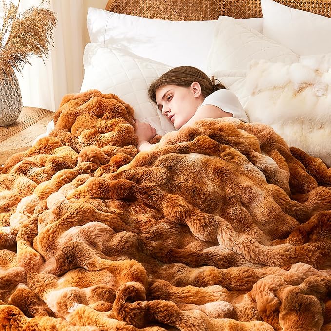 L'AGRATY Faux Fur Throw Blanket for Couch, 50''x60'' Tie-Dye Caramel Brown | Soft Cozy Bubble Fluffy Blanket for Sofa Bed, Thick Warm Plush Fuzzy Throw for Room Home Decor, Luxury Gift for Women Mom