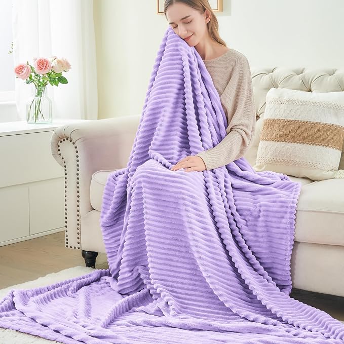 BEDELITE 3D Ribbed Pastel Lilac Fleece Twin Blanket for Bed, 60x80 Inch | Soft Warm Decorative Fluffy Blanket, Cozy Plush Lightweight Fuzzy Throw Blanket for Couch Sofa Room Decor, Gift for Women