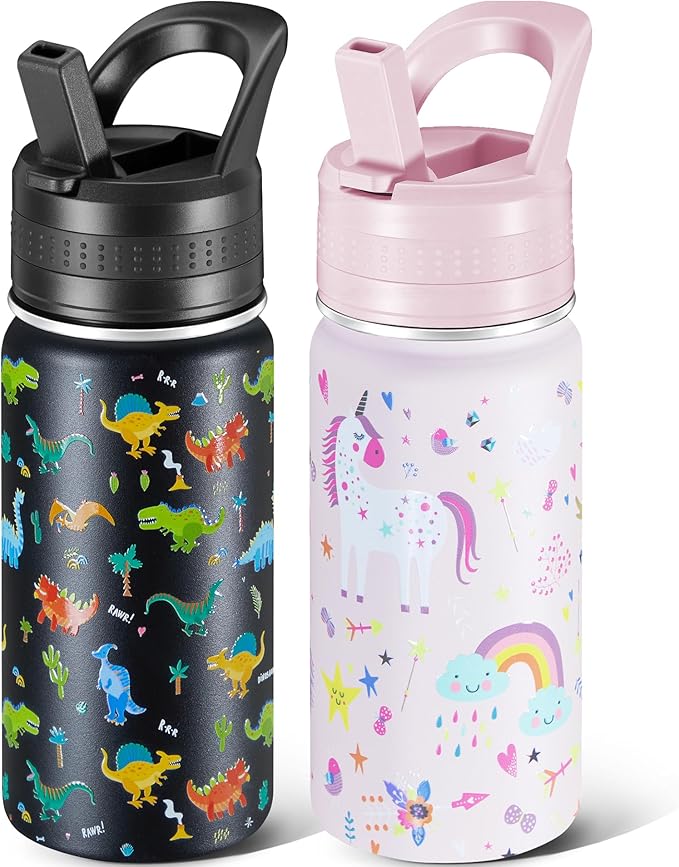 2 Pack Kids Water Bottle,14oz Stainless Steel Insulated Water Tumbler Leak-Proof,School Water Mug,Small and Portable,Suitable for Boys and Girls to Use(Black dinosaur + Pink unicorn)