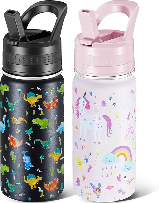 2 Pack Kids Water Bottle,14oz Stainless Steel Insulated Water Tumbler Leak-Proof,School Water Mug,Small and Portable,Suitable for Boys and Girls to Use(Black dinosaur + Pink unicorn)
