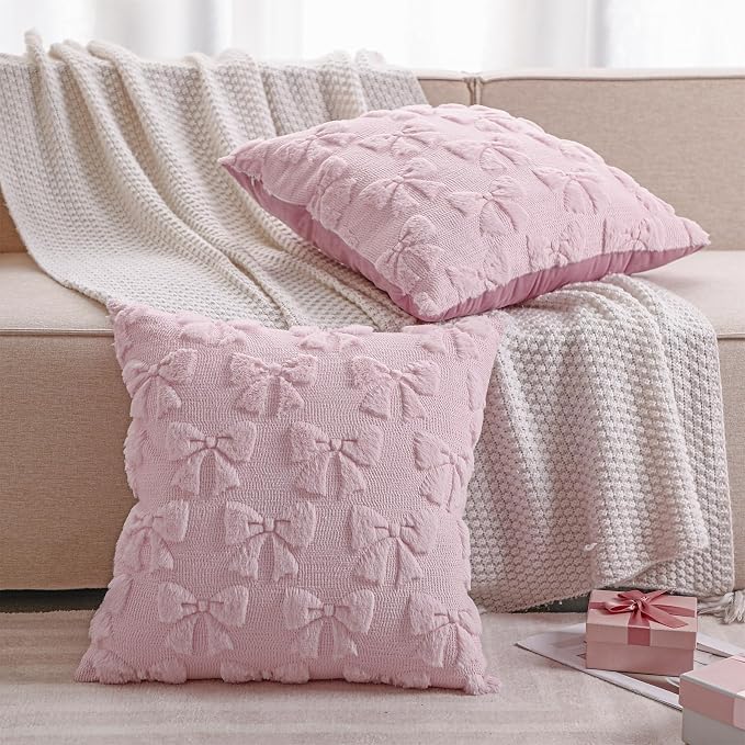 Mixweer Pink Bow Pillow Covers Set of 2 Preppy Room Decor Coquette Cute Spring Summer Decorative Faux Fur Soft Bowknot Stuff Fluffy Plush Aesthetic Pillowcase for Bed Sofa Couch (20 x 20 Inch)