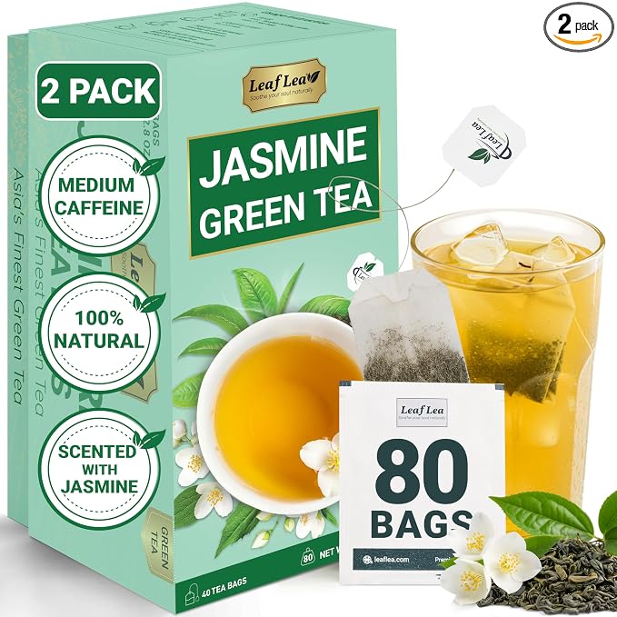 LeafLea Jasmine Green Tea Bags, Light Focus & Daily Balance, 80 Count | Green Tea Naturally Scented With Jasmine, Delicate Floral Taste, Caffeinated, Sugar-Free, Vegan, Individually Wrapped