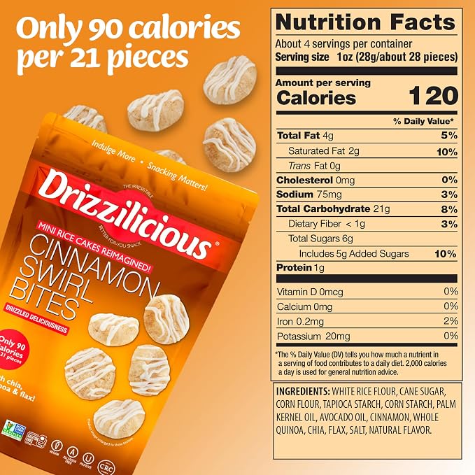 Drizzilicious Mini Flavored Rice Cakes Cinnamon Swirl - Rice Crisps, Healthy Snack for Adults and Kids, Vegan, Gluten Free Snack, Allergen Free, Only 90 Calories Per 21 Pieces - 4 oz (Pack of 1)