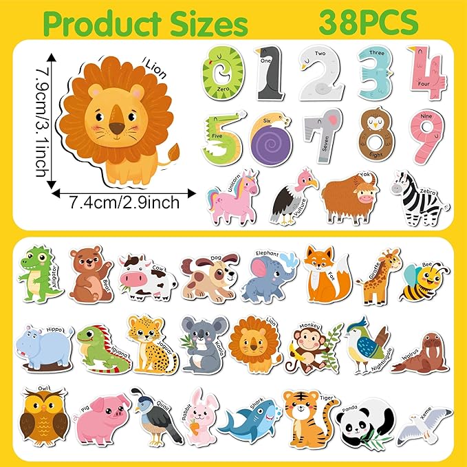 Large Size Cute Fridge Magnets for Toddlers, Preschool Spelling Learning Education Refrigerador Magnetic Toy (Animals Numbers 38pcs)