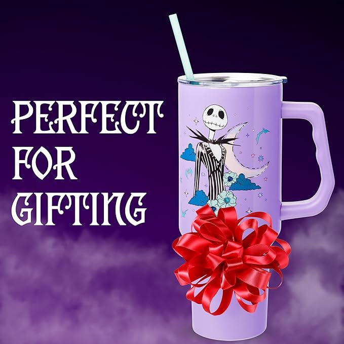 Silver Buffalo Disney Nightmare Before Christmas by Tim Burton Jack Skellington Double Walled Stainless Steel Tumbler with Handle and Straw, Fits in Standard Cup Holder, 40 Ounces