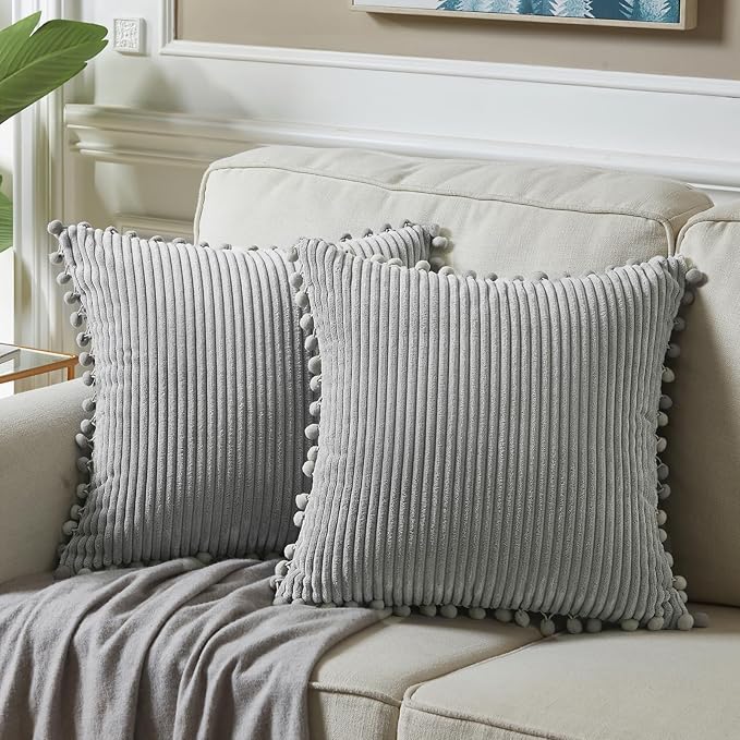 Fancy Homi 2 Packs Neutral Grey Decorative Throw Pillow Covers 16x16 Inch with Pom-poms for Couch Bed Sofa, Aesthetic Modern Organic Farmhouse Boho Home Decor, Soft Corduroy Cute Accent Cushion Case
