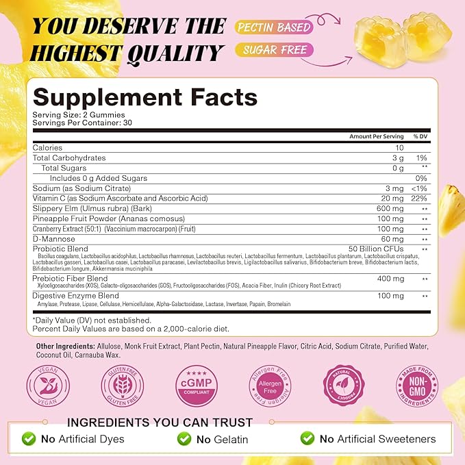 Totaria 9-in-1 Sugar Free Feminine Probiotics Gummies - Vaginal Flora & pH Balance, 50 Billion CFU with Prebiotic, Slippery Elm, Cranberry, for Vaginal, Urinary Tract & Gut, Hawaiian Pineapple, 60 Ct