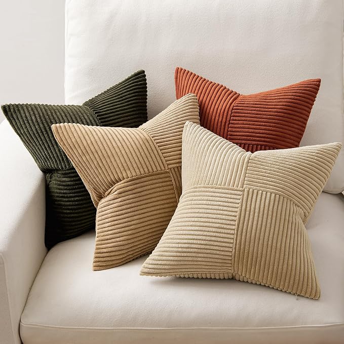 MIULEE Rust-Olive Green Decorative Throw Pillow Covers 18x18 Inch Set of 4 Boho Color-Clash Cushion Cases Farmhouse Pillow Cases Corduroy Striped Home Decor for Couch Sofa Living Room Bed