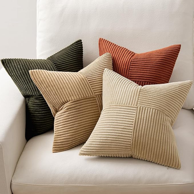MIULEE Rust-Olive Green Decorative Throw Pillow Covers 20x20 Inch Set of 4 Boho Color-Clash Cushion Cases Farmhouse Pillow Cases Corduroy Striped Home Decor for Couch Sofa Living Room Bed