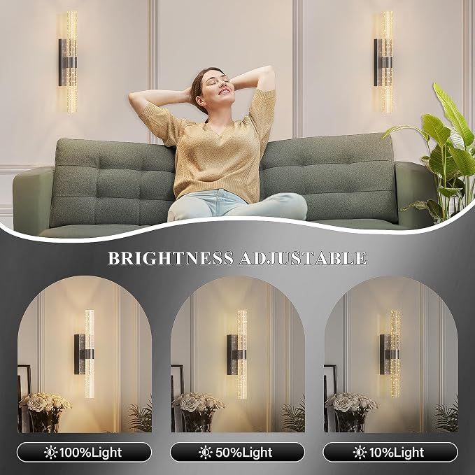 camuucci Battery Operated Wall Sconces Set of 2, Rechargeable Wall Lights | 12000mAh Long-Lasting Battery,Dimmable Cordless Sconce,No Wiring Needed for Bedroom,Living Room,Black 15.3-Inch