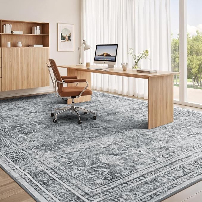 10x14 Area Rugs for Living Room, Washable Non-Slip Grey Large Carpet | Soft Neutral Rugs for Dining Room Home Office Indoor Nursery, Stain Resistant, Low Pile, Foldable, Vintage Distressed Rug