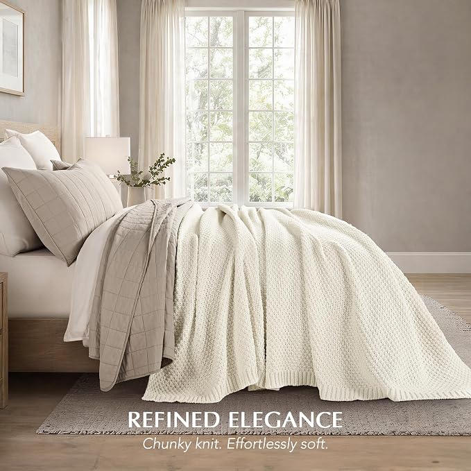 EVERGRACEHOME Chunky Chenille Knit Throw Blanket, 108x92, Ivory White | Sculpted Moss Stitch, Chic Modern Farmhouse, All-Season Warmth, OEKO-TEX® Certified, Oversized King for Couch, Bed, Sofa