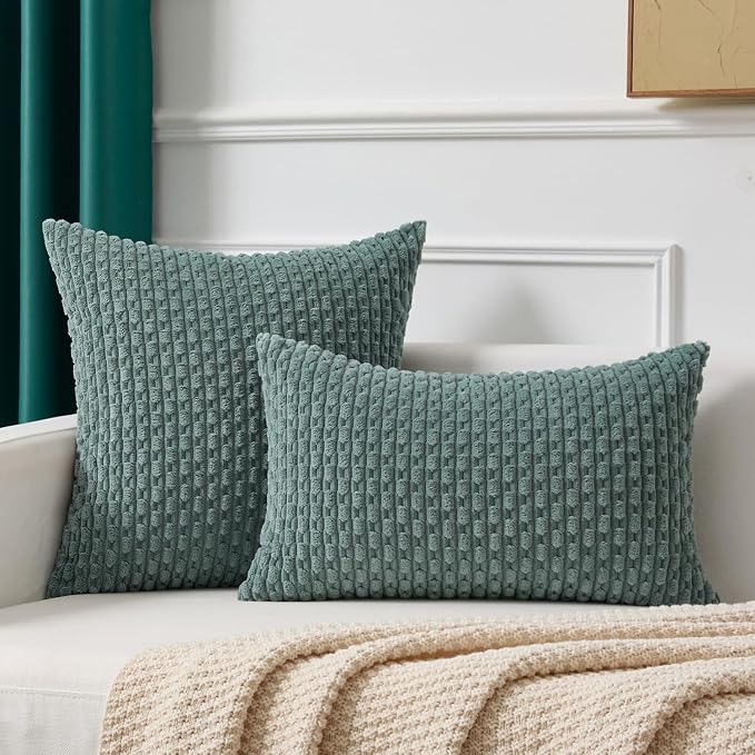 Kevin Textile Soft Corduroy 14"x24" Lumbar Pillow Cover 1 Pack, Teal Green | Boho Stripe Plush Corduroy Decorative Oblong Cushion Cover Modern Farmhouse Home Decor for Sofa Couch Bed Chair