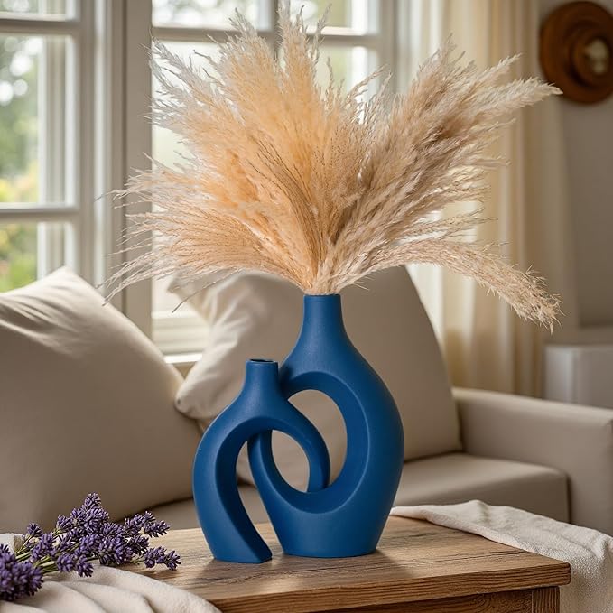 Lvases Blue Snuggle Hollow Ceramic Vase Minimalist Decorative Vases of 2 | 11 Inch Nordic Boho Decor Home Flower Vases for Living Room Coffee Table, Bookshelf Mantle & Entryway Pampas Grass Display