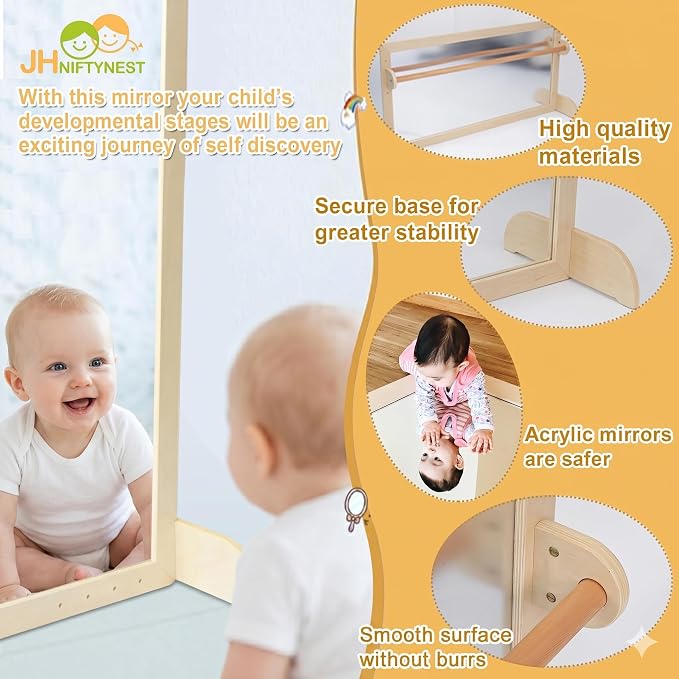 Infant Coordination Mirror Montessori Safety Pull up Bar Baby Mirror Acrylic Non-Glass Early Learning to Walk Mirror Upgrade Dual-Use with Base 47.24”