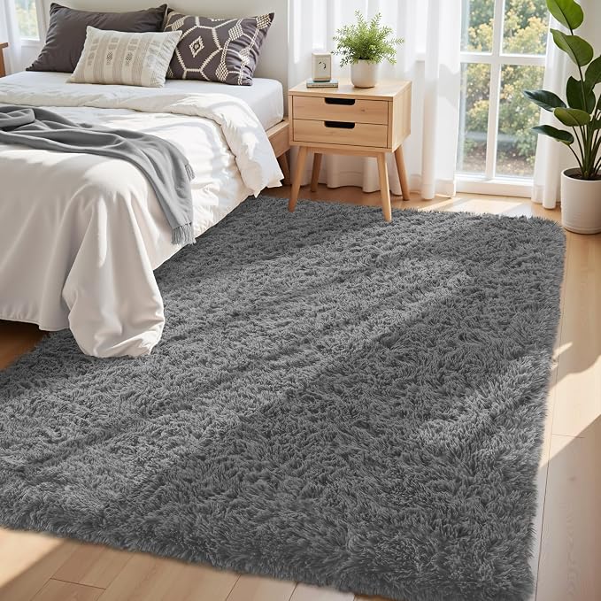 6x9 Area Rug for Living Room:Ultra Soft Fluffy Shag Dark Grey Rugs,Large Fuzzy Plush Indoor Non Slip Carpet Washable Rug for Bedroom Kids Nursery Office Dorm Modern Decor(Dark Grey 6'x9')