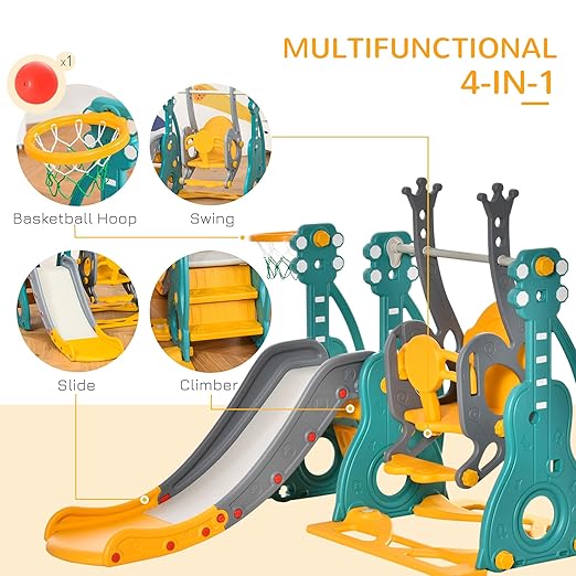 Qaba 4 in 1 Toddler Swing and Slide Set, Kids Slide for Aged 1.5-3 with Climber, Ultra-Safety, Basketball Hoop, Baby Playground Set, Fun Indoor/Outdoor Playset Exercise Toy
