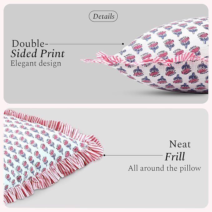CPC Pink Sapphire Ruffle Throw Pillow Covers for Couch, 20x20 Inch Cotton Stripe Ruffle Couch Pillows for Living Room, Hidden 16 Inch Zipper Boho Pillow Case or Cute Outdoor Pillows