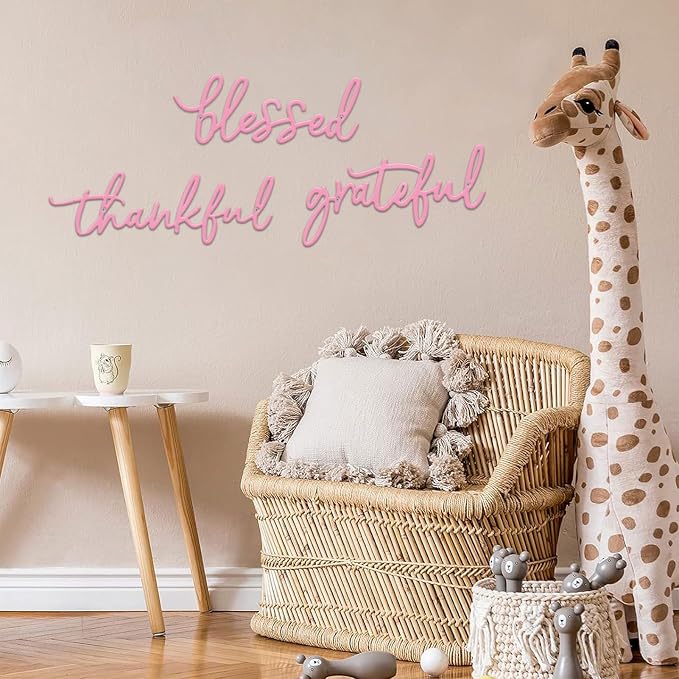 Thankful Grateful Blessed Letter Sign Metal Wall Decor, 3 Pieces Pink Letters Wall Art for Bathroom Bedroom Metal Words Wall Decor for Home Decor (Pink)