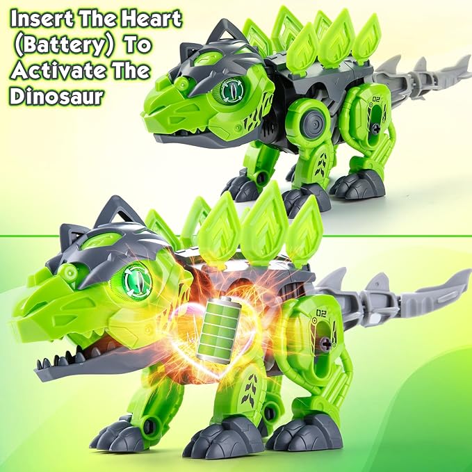Electric Dinosaur Building Blocks, Self-Moving Stegosaurus with LED Glowing Eyes & Roar Sounds, STEM Learning Toys for Boys 6-8 Years, Educational Building Kit Gifts
